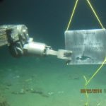 Harvard University scientist Peter Girguis used Alvin’s manipulator arm to place a memorial plaque on the seafloor for Victoria Bertics, a former graduate student.