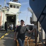 WHOI marine geologist Adam Soule went straight from bed to ball (the nickname for Alvin’s personnel sphere), oversleeping before his dive Friday.
